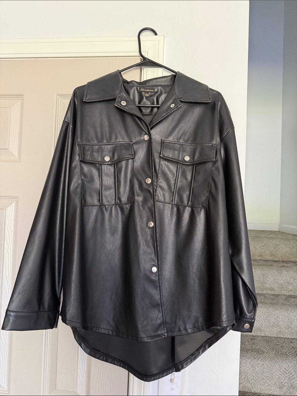 Shinestar Black Faux Leather Button-Front Jacket